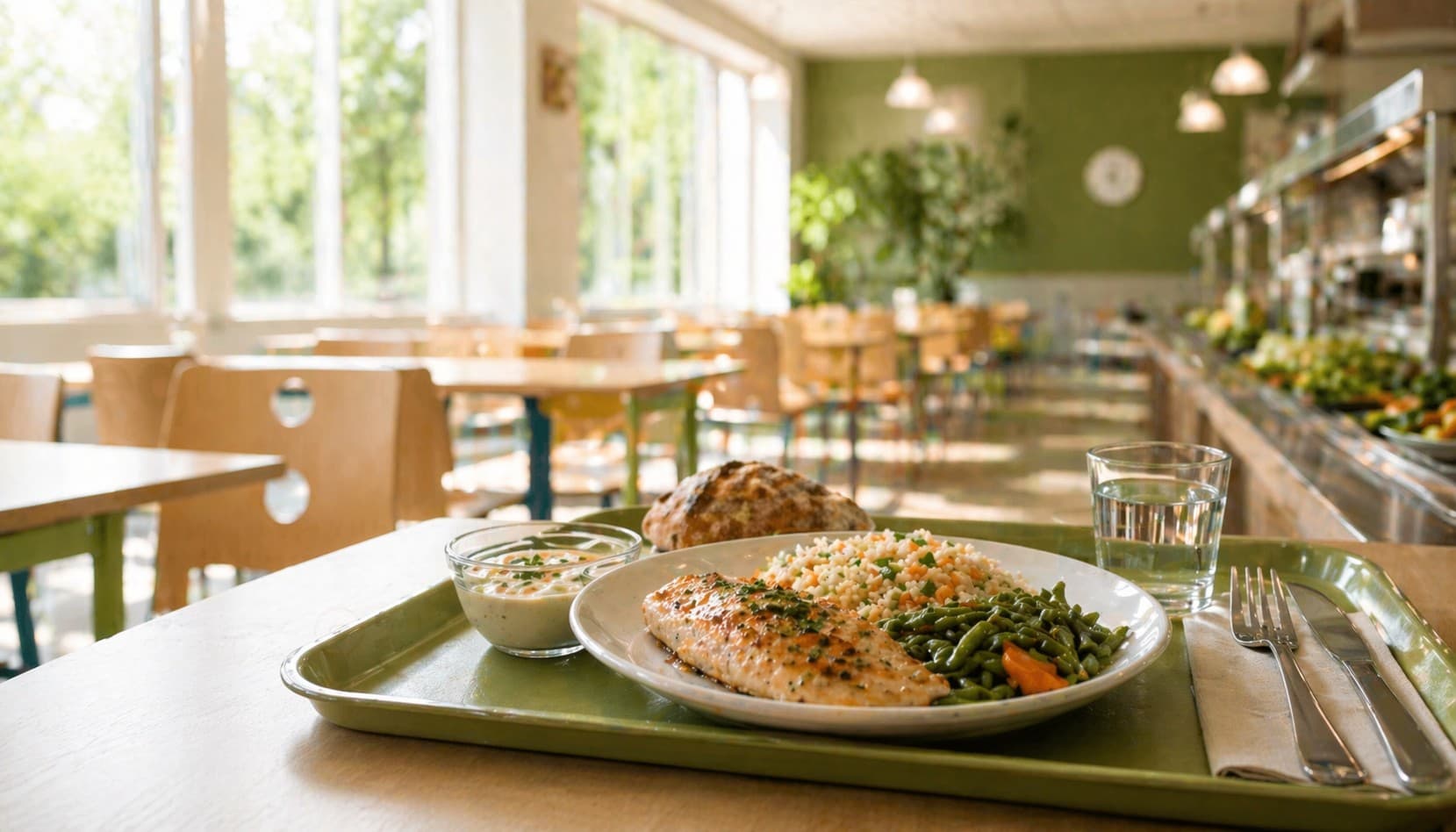 Cantine scolaire — plateau équilibré avec saumon, couscous, haricots verts