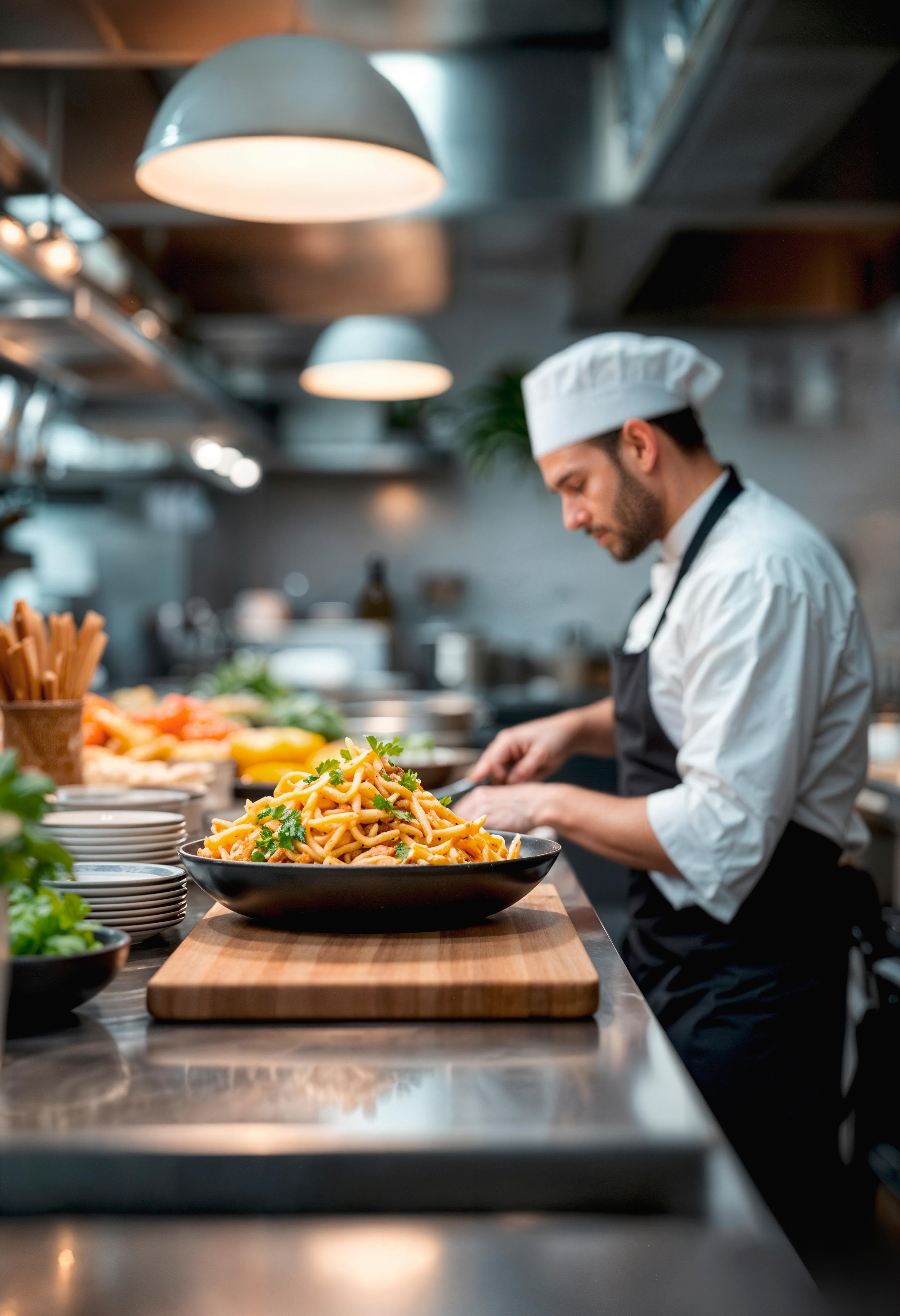 Chef dressant un plat avec des produits frais